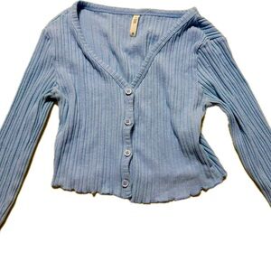 Ribbed V-Neck Button Cardigan in Light Blue